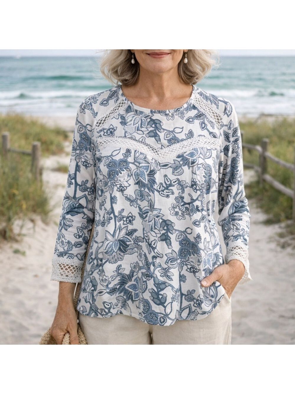 Elena Baldi Made in Italy Blue White Cottage Coastal Floral Linen Top size large